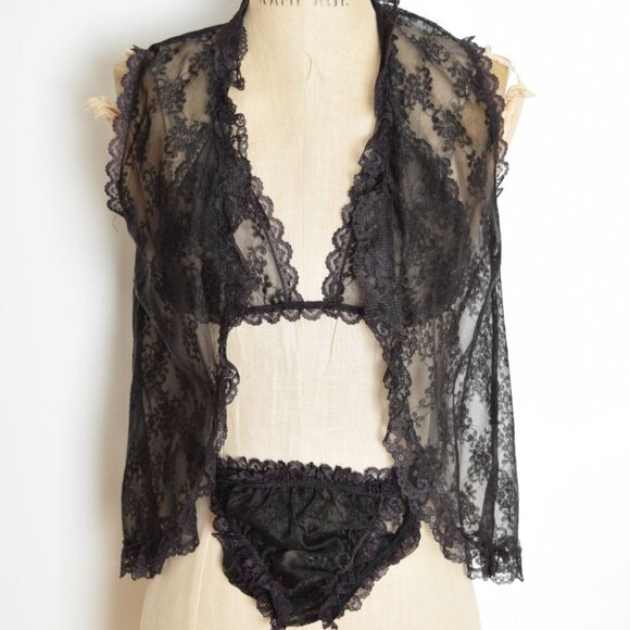 vintage 80s lingerie set sheer black lace bra panties bed jacket XS S - Picture 2 of 9